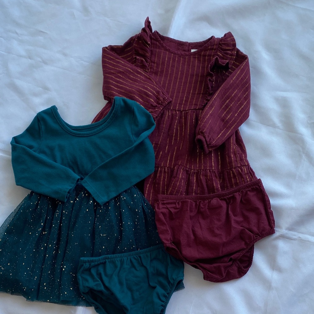 Cat & Jack Burgundy and Teal Toddler Dresses with Glitter 18 Months 4 pieces